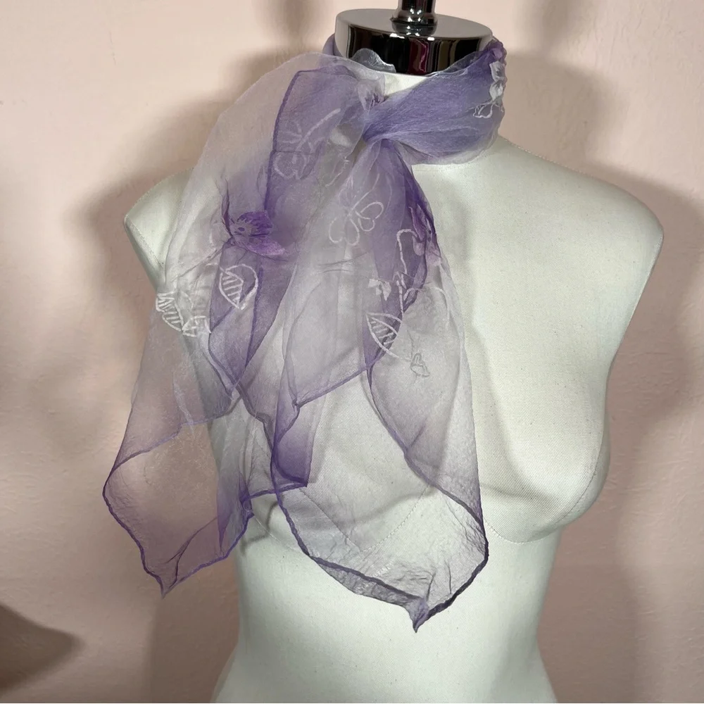 Vintage 1960 70’ semi sheer purple white flocked cottagecore floral Scarf